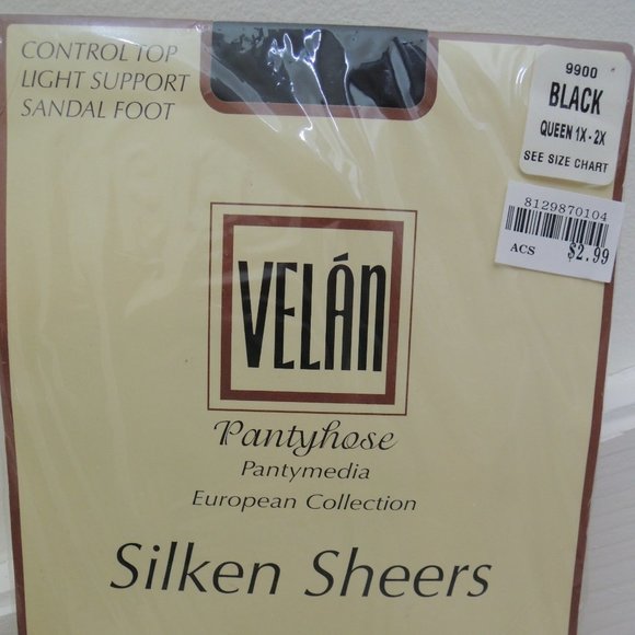 Ladies Pantyhose Size Queen 1X-2X VELAN Silken Sheers Control Top Black - NEW - Picture 1 of 4
